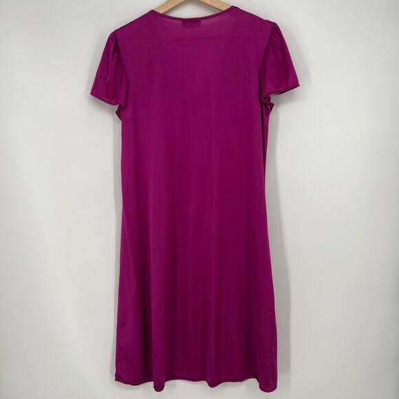 Vintage 80s Vanity Fair Satin Nightgown Dress Fuchsia Pink Blue Midi Lace USA - Picture 2 of 7
